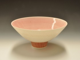 Pink and wood ash glazed bowl 17.5cms diameter.